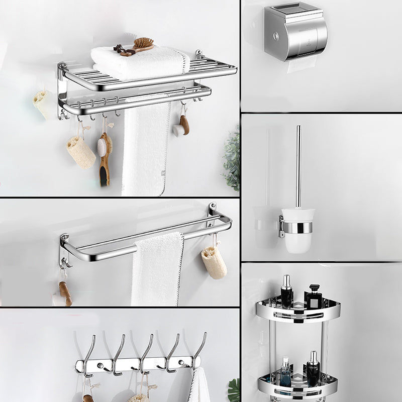 Modern Bathroom Set with Bath Shelf/Towel Bar Polished Chrome Bathroom Accessory Kit Horizontal Bar with Hook 6-Piece Set Clearhalo 'Bathroom Hardware Sets' 'Bathroom Hardware' 'Bathroom Remodel & Bathroom Fixtures' 'bathroom_hardware_sets' 'Home Improvement' 'home_improvement' 'home_improvement_bathroom_hardware_sets' 6864779