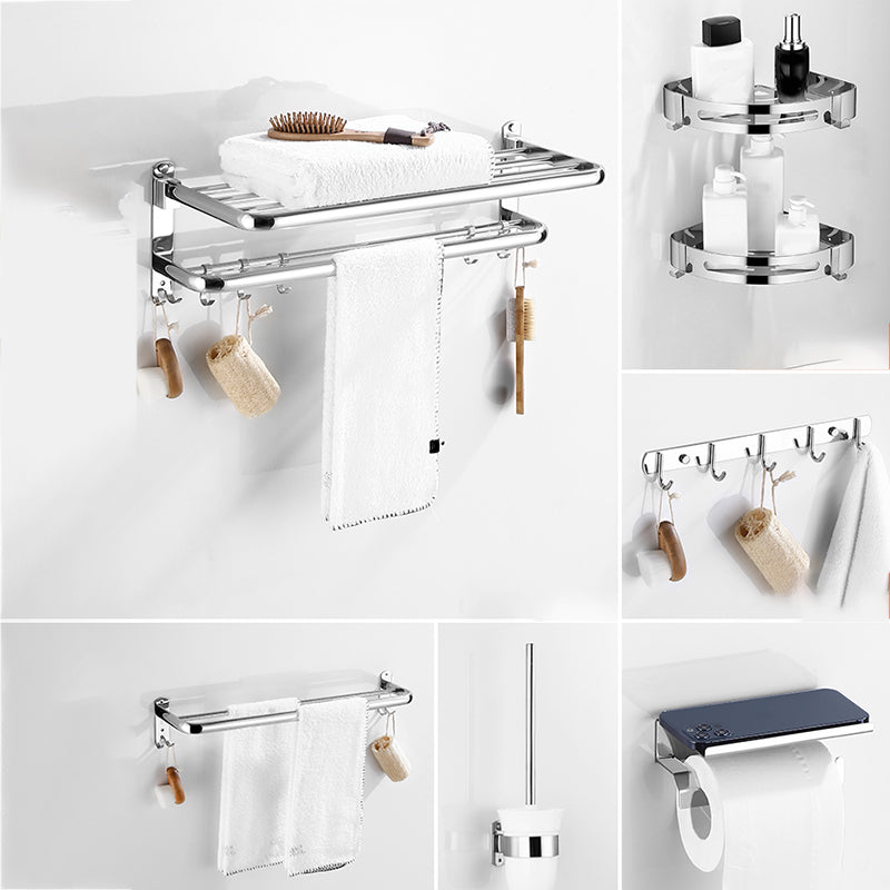 Modern Bathroom Set with Bath Shelf/Towel Bar Polished Chrome Bathroom Accessory Kit Horizontal Bar with Hook7-Piece Set Clearhalo 'Bathroom Hardware Sets' 'Bathroom Hardware' 'Bathroom Remodel & Bathroom Fixtures' 'bathroom_hardware_sets' 'Home Improvement' 'home_improvement' 'home_improvement_bathroom_hardware_sets' 6864781