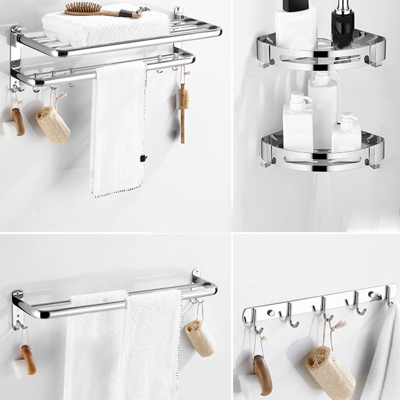 Modern Bathroom Set with Bath Shelf/Towel Bar Polished Chrome Bathroom Accessory Kit Horizontal with Hook 5-Piece Set (Row Hook) Clearhalo 'Bathroom Hardware Sets' 'Bathroom Hardware' 'Bathroom Remodel & Bathroom Fixtures' 'bathroom_hardware_sets' 'Home Improvement' 'home_improvement' 'home_improvement_bathroom_hardware_sets' 6864783