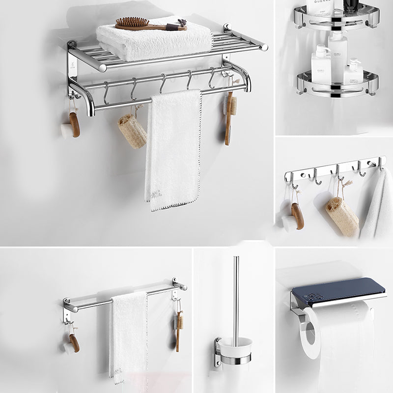 Modern Bathroom Set with Bath Shelf/Towel Bar Polished Chrome Bathroom Accessory Kit Curved Bar 7-Piece Set Clearhalo 'Bathroom Hardware Sets' 'Bathroom Hardware' 'Bathroom Remodel & Bathroom Fixtures' 'bathroom_hardware_sets' 'Home Improvement' 'home_improvement' 'home_improvement_bathroom_hardware_sets' 6864792