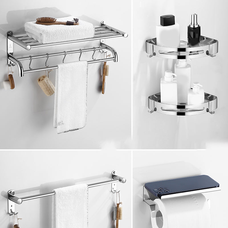 Modern Bathroom Set with Bath Shelf/Towel Bar Polished Chrome Bathroom Accessory Kit Curved Bar 5-Piece Set (Toilet Paper Holder) Clearhalo 'Bathroom Hardware Sets' 'Bathroom Hardware' 'Bathroom Remodel & Bathroom Fixtures' 'bathroom_hardware_sets' 'Home Improvement' 'home_improvement' 'home_improvement_bathroom_hardware_sets' 6864793