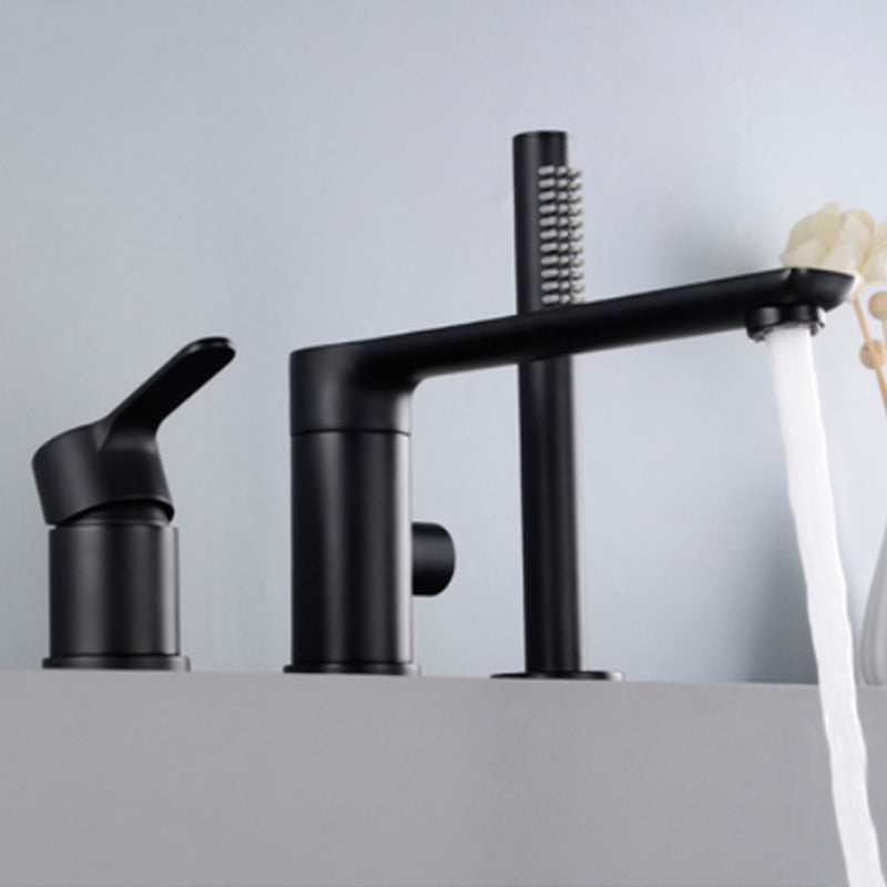 Modern Style Roman Tub Faucet Pure Color Deck-Mount Low Arc Copper Roman Tub Faucet Black 3 Hole Faucets Clearhalo 'Bathroom Remodel & Bathroom Fixtures' 'Bathtub Faucets' 'bathtub_faucets' 'Home Improvement' 'home_improvement' 'home_improvement_bathtub_faucets' 6872007