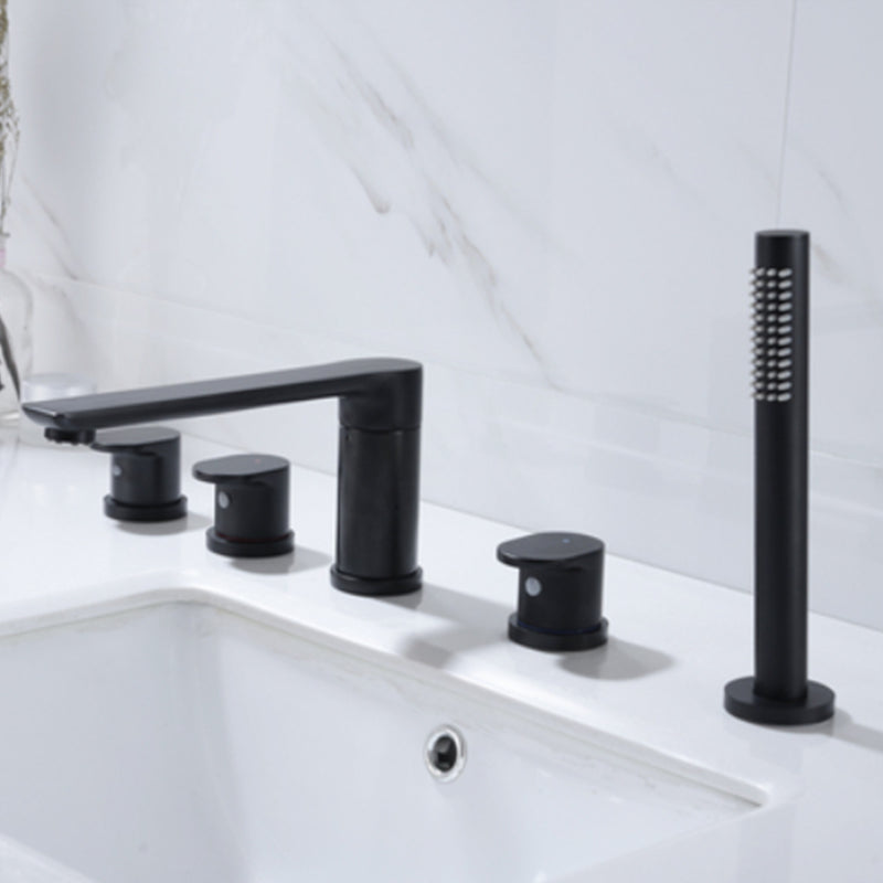 Modern Style Roman Tub Faucet Pure Color Deck-Mount Low Arc Copper Roman Tub Faucet Black 5 Hole Faucets Clearhalo 'Bathroom Remodel & Bathroom Fixtures' 'Bathtub Faucets' 'bathtub_faucets' 'Home Improvement' 'home_improvement' 'home_improvement_bathtub_faucets' 6872010