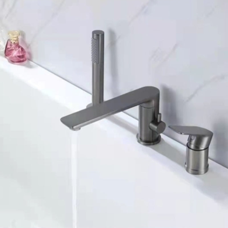 Modern Style Roman Tub Faucet Pure Color Deck-Mount Low Arc Copper Roman Tub Faucet Gun Grey 3 Hole Faucets Clearhalo 'Bathroom Remodel & Bathroom Fixtures' 'Bathtub Faucets' 'bathtub_faucets' 'Home Improvement' 'home_improvement' 'home_improvement_bathtub_faucets' 6872024