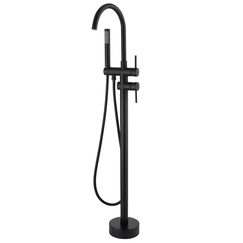 Modern Style Freestanding Tub Filler Floor Mount Freestanding Tub Filler with Hand Shower Black Round Clearhalo 'Bathroom Remodel & Bathroom Fixtures' 'Bathtub Faucets' 'bathtub_faucets' 'Home Improvement' 'home_improvement' 'home_improvement_bathtub_faucets' 6872061