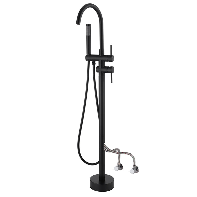 Modern Style Freestanding Tub Filler Floor Mount Freestanding Tub Filler with Hand Shower Black Round Wall Mounted Clearhalo 'Bathroom Remodel & Bathroom Fixtures' 'Bathtub Faucets' 'bathtub_faucets' 'Home Improvement' 'home_improvement' 'home_improvement_bathtub_faucets' 6872063