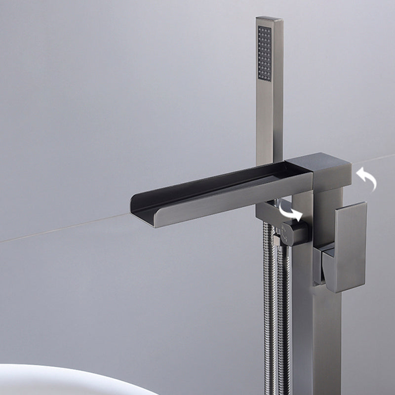 Modern Style Freestanding Tub Filler Floor Mount Freestanding Tub Filler with Hand Shower Clearhalo 'Bathroom Remodel & Bathroom Fixtures' 'Bathtub Faucets' 'bathtub_faucets' 'Home Improvement' 'home_improvement' 'home_improvement_bathtub_faucets' 6872071