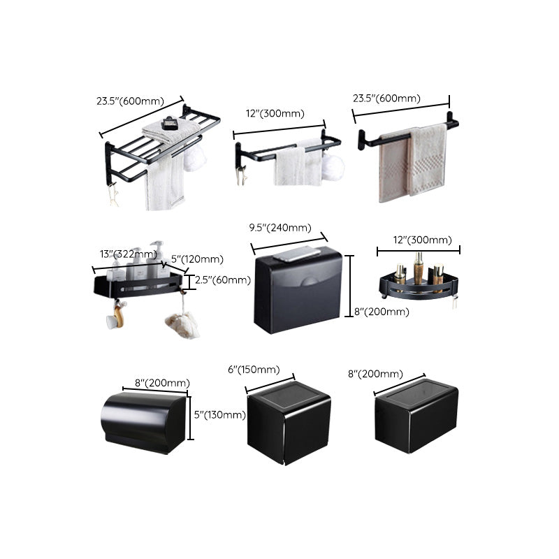 Contemporary 8-Piece Bathroom Hardware Set Matte Black Bath Shelf/Paper Holder/Robe Hooks Clearhalo 'Bathroom Hardware Sets' 'Bathroom Hardware' 'Bathroom Remodel & Bathroom Fixtures' 'bathroom_hardware_sets' 'Home Improvement' 'home_improvement' 'home_improvement_bathroom_hardware_sets' 6874553