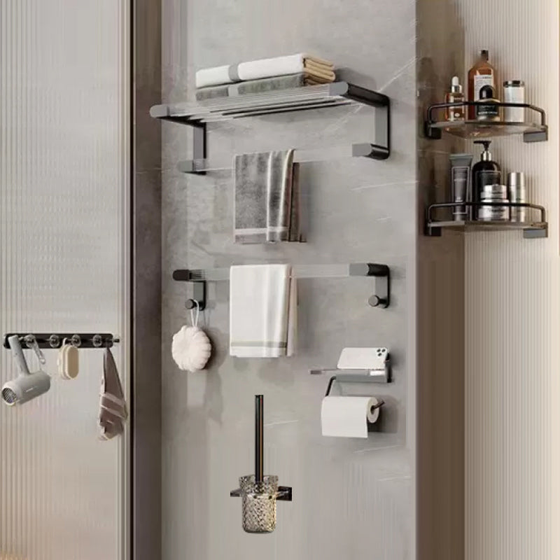 Matte Black Bathroom Hardware Set Metal & Acrylic Bath Shelf/Towel Bar/Robe Hooks Clearhalo 'Bathroom Hardware Sets' 'Bathroom Hardware' 'Bathroom Remodel & Bathroom Fixtures' 'bathroom_hardware_sets' 'Home Improvement' 'home_improvement' 'home_improvement_bathroom_hardware_sets' 6876482