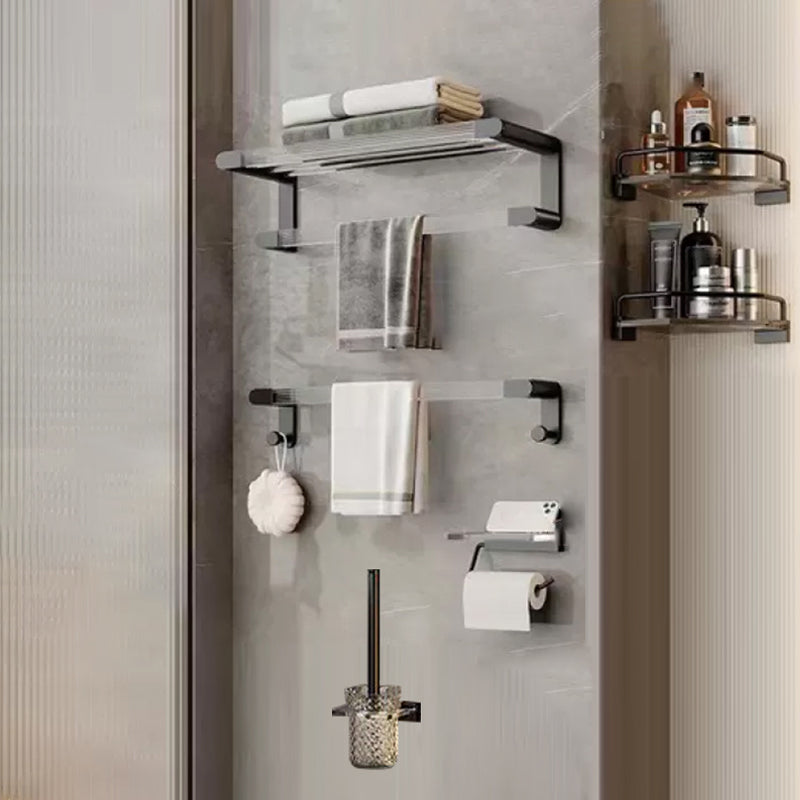 Matte Black Bathroom Hardware Set Metal & Acrylic Bath Shelf/Towel Bar/Robe Hooks 6-Piece Set (Toilet Paper Holder) Clearhalo 'Bathroom Hardware Sets' 'Bathroom Hardware' 'Bathroom Remodel & Bathroom Fixtures' 'bathroom_hardware_sets' 'Home Improvement' 'home_improvement' 'home_improvement_bathroom_hardware_sets' 6876493