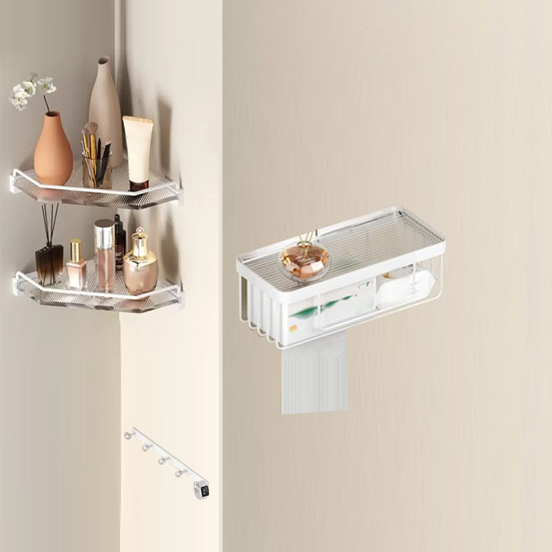 White & Clear Acrylic Bathroom Accessory Set with Towel Bar/Paper Holder/Robe Hook 4-Piece Set (Triangular Bath Shelf) Clearhalo 'Bathroom Hardware Sets' 'Bathroom Hardware' 'Bathroom Remodel & Bathroom Fixtures' 'bathroom_hardware_sets' 'Home Improvement' 'home_improvement' 'home_improvement_bathroom_hardware_sets' 6876507