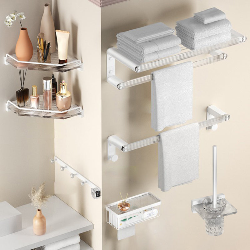 White & Clear Acrylic Bathroom Accessory Set with Towel Bar/Paper Holder/Robe Hook 7-Piece Set Clearhalo 'Bathroom Hardware Sets' 'Bathroom Hardware' 'Bathroom Remodel & Bathroom Fixtures' 'bathroom_hardware_sets' 'Home Improvement' 'home_improvement' 'home_improvement_bathroom_hardware_sets' 6876520