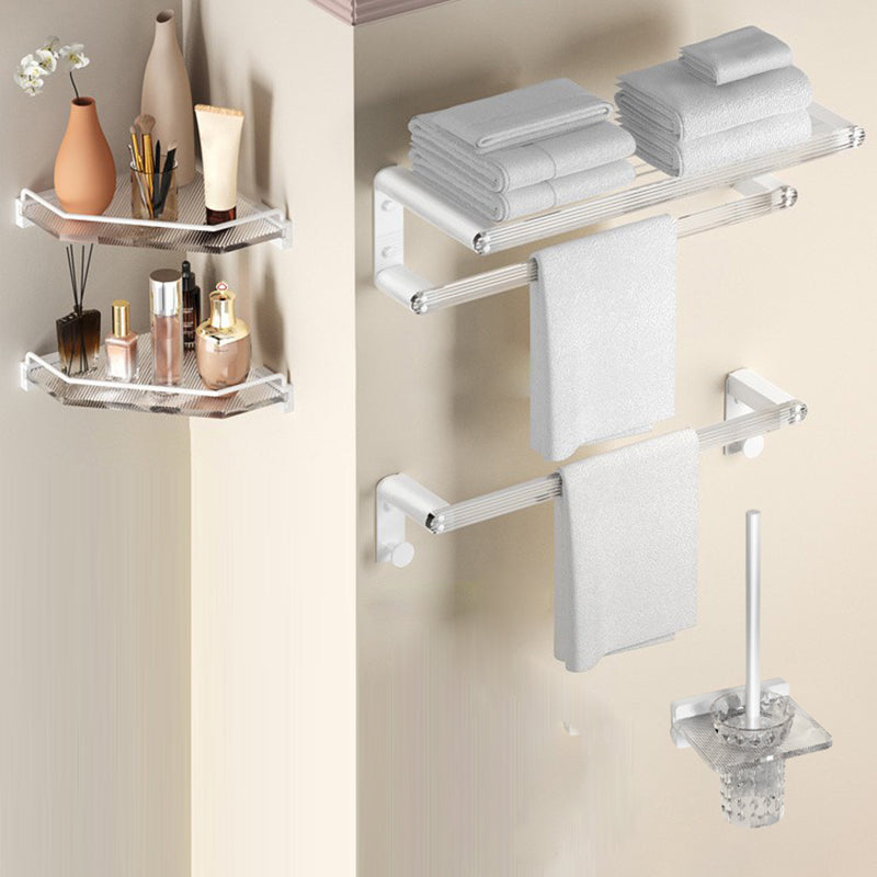 White & Clear Acrylic Bathroom Accessory Set with Towel Bar/Paper Holder/Robe Hook 5-Piece Set (Towel Bar) Clearhalo 'Bathroom Hardware Sets' 'Bathroom Hardware' 'Bathroom Remodel & Bathroom Fixtures' 'bathroom_hardware_sets' 'Home Improvement' 'home_improvement' 'home_improvement_bathroom_hardware_sets' 6876524