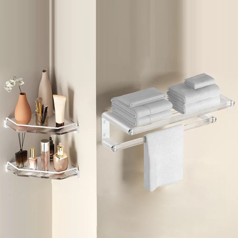 White & Clear Acrylic Bathroom Accessory Set with Towel Bar/Paper Holder/Robe Hook Towel Rack with Triangle Bath Shelf Clearhalo 'Bathroom Hardware Sets' 'Bathroom Hardware' 'Bathroom Remodel & Bathroom Fixtures' 'bathroom_hardware_sets' 'Home Improvement' 'home_improvement' 'home_improvement_bathroom_hardware_sets' 6876526