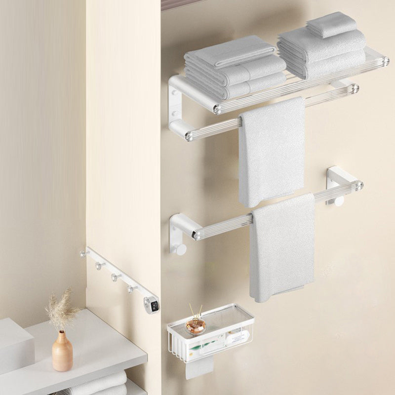 White & Clear Acrylic Bathroom Accessory Set with Towel Bar/Paper Holder/Robe Hook 4-Piece Set (Row Hook) Clearhalo 'Bathroom Hardware Sets' 'Bathroom Hardware' 'Bathroom Remodel & Bathroom Fixtures' 'bathroom_hardware_sets' 'Home Improvement' 'home_improvement' 'home_improvement_bathroom_hardware_sets' 6876530