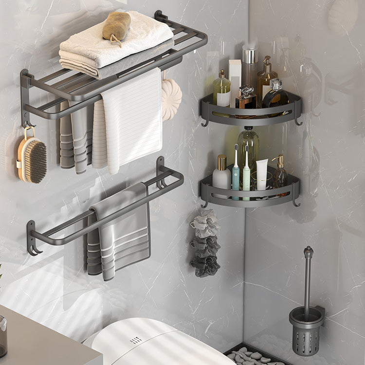 Contemporary Gray Bathroom Hardware Set with Bath Shelf/Towel Bar/Robe Hooks/Paper Holder 5-Piece Set (Toilet Brush) Clearhalo 'Bathroom Hardware Sets' 'Bathroom Hardware' 'Bathroom Remodel & Bathroom Fixtures' 'bathroom_hardware_sets' 'Home Improvement' 'home_improvement' 'home_improvement_bathroom_hardware_sets' 6876620