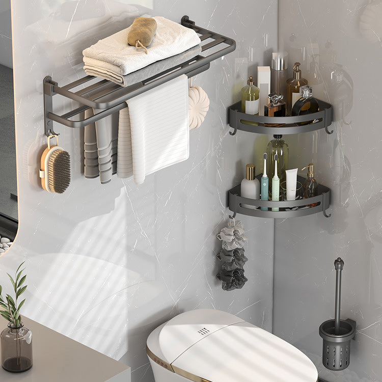 Contemporary Gray Bathroom Hardware Set with Bath Shelf/Towel Bar/Robe Hooks/Paper Holder 4-Piece Set (Toilet Brush) Clearhalo 'Bathroom Hardware Sets' 'Bathroom Hardware' 'Bathroom Remodel & Bathroom Fixtures' 'bathroom_hardware_sets' 'Home Improvement' 'home_improvement' 'home_improvement_bathroom_hardware_sets' 6876624