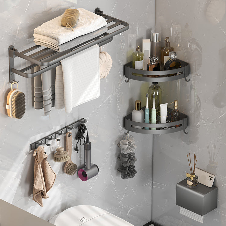 Contemporary Gray Bathroom Hardware Set with Bath Shelf/Towel Bar/Robe Hooks/Paper Holder 5-Piece Set (Row Hook) Clearhalo 'Bathroom Hardware Sets' 'Bathroom Hardware' 'Bathroom Remodel & Bathroom Fixtures' 'bathroom_hardware_sets' 'Home Improvement' 'home_improvement' 'home_improvement_bathroom_hardware_sets' 6876629