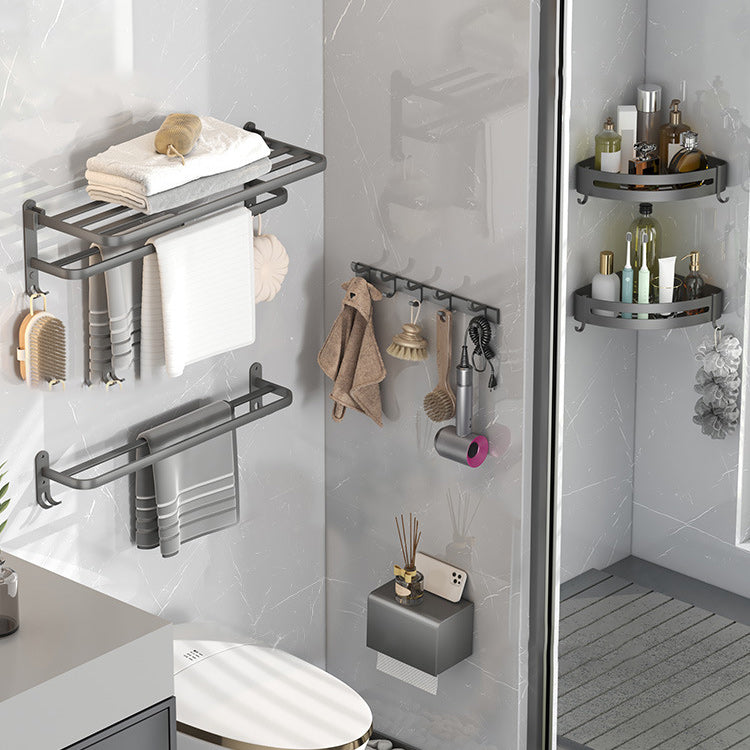 Contemporary Gray Bathroom Hardware Set with Bath Shelf/Towel Bar/Robe Hooks/Paper Holder 6-Piece Set (Row Hook) Clearhalo 'Bathroom Hardware Sets' 'Bathroom Hardware' 'Bathroom Remodel & Bathroom Fixtures' 'bathroom_hardware_sets' 'Home Improvement' 'home_improvement' 'home_improvement_bathroom_hardware_sets' 6876631