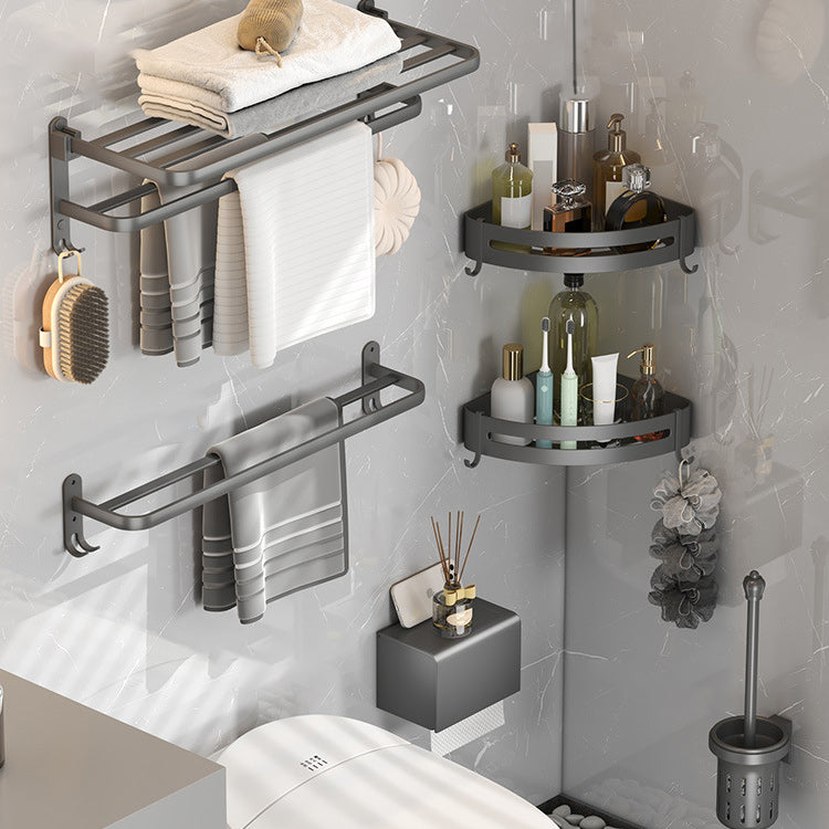 Contemporary Gray Bathroom Hardware Set with Bath Shelf/Towel Bar/Robe Hooks/Paper Holder 6-Piece Set (Toilet Brush) Clearhalo 'Bathroom Hardware Sets' 'Bathroom Hardware' 'Bathroom Remodel & Bathroom Fixtures' 'bathroom_hardware_sets' 'Home Improvement' 'home_improvement' 'home_improvement_bathroom_hardware_sets' 6876632