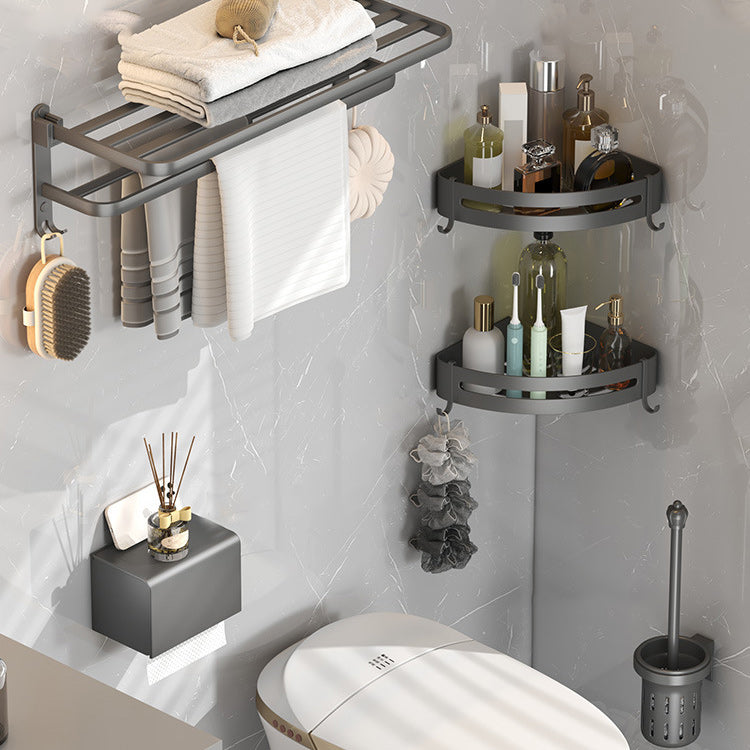 Contemporary Gray Bathroom Hardware Set with Bath Shelf/Towel Bar/Robe Hooks/Paper Holder 5-Piece Set (Triangle Bath Shelf) Clearhalo 'Bathroom Hardware Sets' 'Bathroom Hardware' 'Bathroom Remodel & Bathroom Fixtures' 'bathroom_hardware_sets' 'Home Improvement' 'home_improvement' 'home_improvement_bathroom_hardware_sets' 6876633