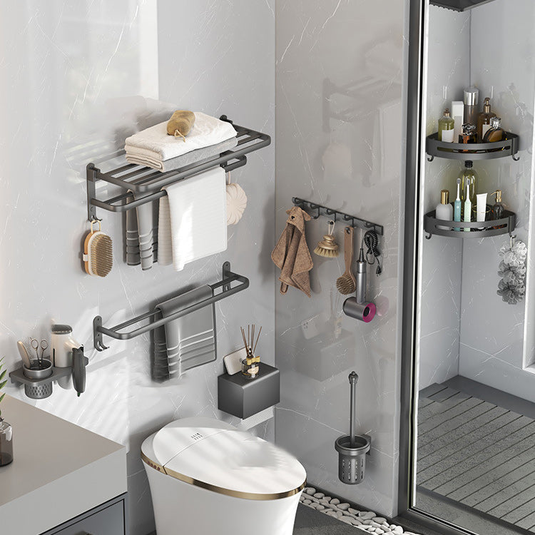 Contemporary Gray Bathroom Hardware Set with Bath Shelf/Towel Bar/Robe Hooks/Paper Holder 8-Piece Set Clearhalo 'Bathroom Hardware Sets' 'Bathroom Hardware' 'Bathroom Remodel & Bathroom Fixtures' 'bathroom_hardware_sets' 'Home Improvement' 'home_improvement' 'home_improvement_bathroom_hardware_sets' 6876635