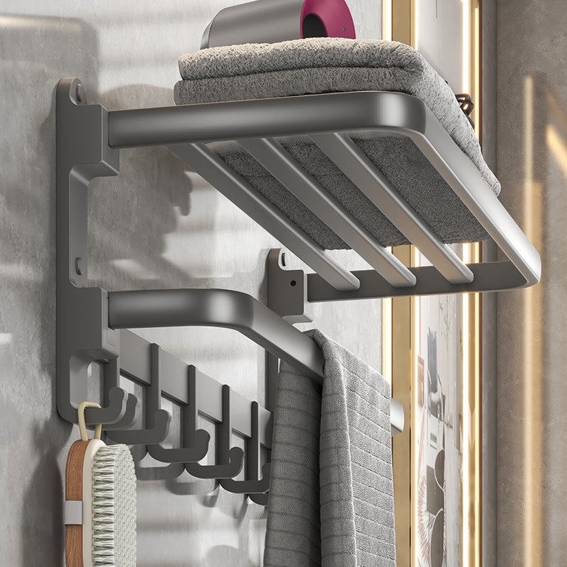 Contemporary Gray Bathroom Hardware Set with Bath Shelf/Towel Bar/Robe Hooks/Paper Holder Clearhalo 'Bathroom Hardware Sets' 'Bathroom Hardware' 'Bathroom Remodel & Bathroom Fixtures' 'bathroom_hardware_sets' 'Home Improvement' 'home_improvement' 'home_improvement_bathroom_hardware_sets' 6876636