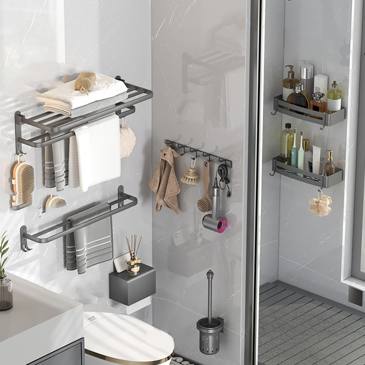 Contemporary Gray Bathroom Hardware Set with Bath Shelf/Towel Bar/Robe Hooks/Paper Holder 7-Piece Set (Square Bath Shelf) Clearhalo 'Bathroom Hardware Sets' 'Bathroom Hardware' 'Bathroom Remodel & Bathroom Fixtures' 'bathroom_hardware_sets' 'Home Improvement' 'home_improvement' 'home_improvement_bathroom_hardware_sets' 6876637