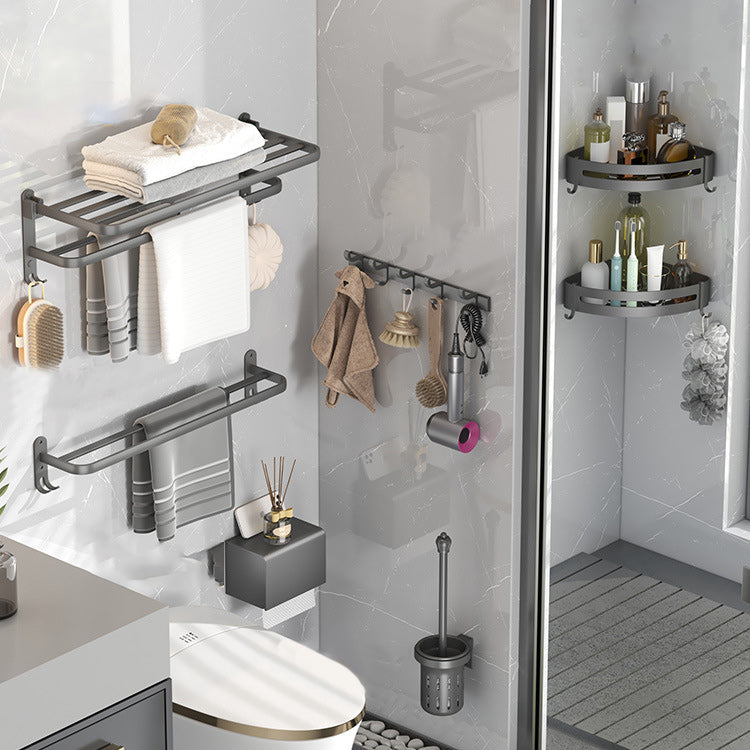 Contemporary Gray Bathroom Hardware Set with Bath Shelf/Towel Bar/Robe Hooks/Paper Holder 7-Piece Set (Triangle Bath Shelf) Clearhalo 'Bathroom Hardware Sets' 'Bathroom Hardware' 'Bathroom Remodel & Bathroom Fixtures' 'bathroom_hardware_sets' 'Home Improvement' 'home_improvement' 'home_improvement_bathroom_hardware_sets' 6876638