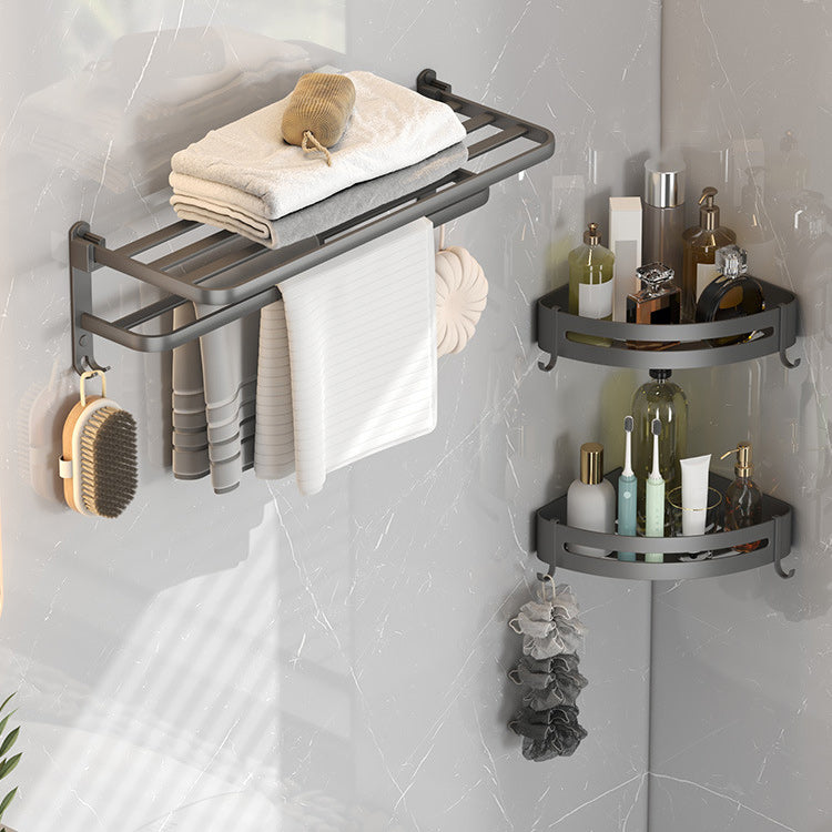 Contemporary Gray Bathroom Hardware Set with Bath Shelf/Towel Bar/Robe Hooks/Paper Holder Towel Rack with Triangle Bath Shelf Clearhalo 'Bathroom Hardware Sets' 'Bathroom Hardware' 'Bathroom Remodel & Bathroom Fixtures' 'bathroom_hardware_sets' 'Home Improvement' 'home_improvement' 'home_improvement_bathroom_hardware_sets' 6876639