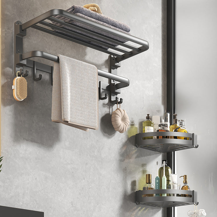 Contemporary Gray Bathroom Hardware Set with Bath Shelf/Towel Bar/Robe Hooks/Paper Holder Foldable Towel Rack & Triangular Bathroom Shelf Clearhalo 'Bathroom Hardware Sets' 'Bathroom Hardware' 'Bathroom Remodel & Bathroom Fixtures' 'bathroom_hardware_sets' 'Home Improvement' 'home_improvement' 'home_improvement_bathroom_hardware_sets' 6876641