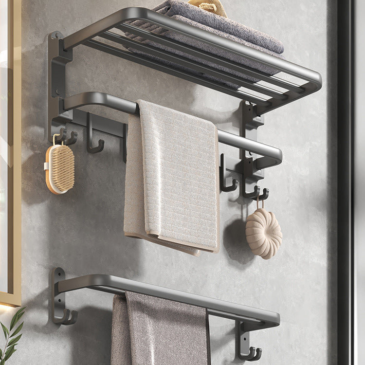 Contemporary Gray Bathroom Hardware Set with Bath Shelf/Towel Bar/Robe Hooks/Paper Holder Foldable Towel Rack & Towel Bar Clearhalo 'Bathroom Hardware Sets' 'Bathroom Hardware' 'Bathroom Remodel & Bathroom Fixtures' 'bathroom_hardware_sets' 'Home Improvement' 'home_improvement' 'home_improvement_bathroom_hardware_sets' 6876642