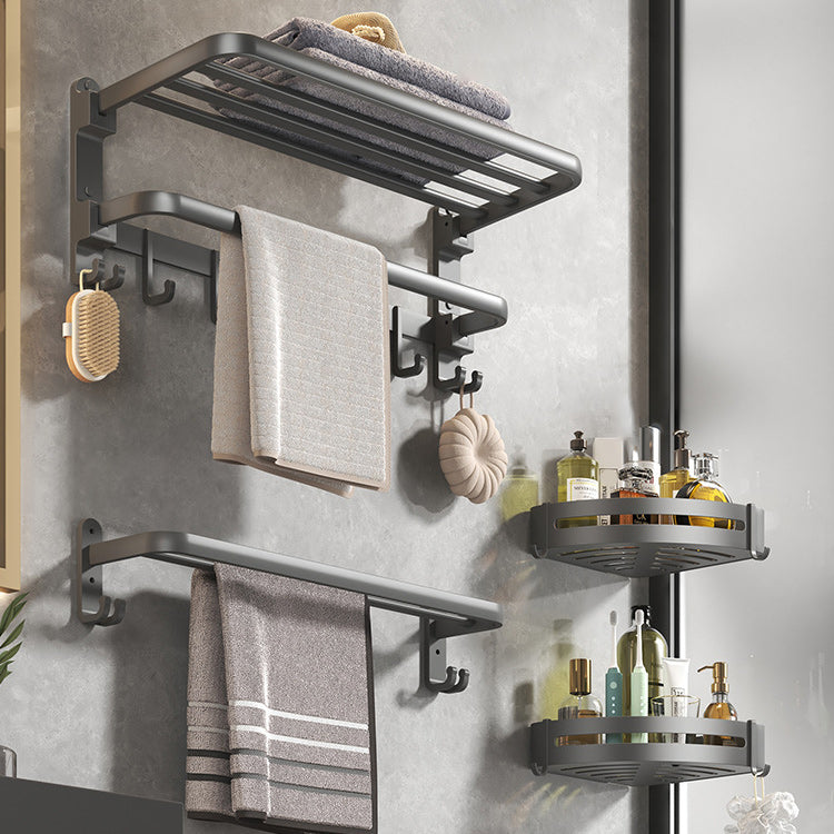 Contemporary Gray Bathroom Hardware Set with Bath Shelf/Towel Bar/Robe Hooks/Paper Holder Foldable 4-Piece (Towel Bar) Clearhalo 'Bathroom Hardware Sets' 'Bathroom Hardware' 'Bathroom Remodel & Bathroom Fixtures' 'bathroom_hardware_sets' 'Home Improvement' 'home_improvement' 'home_improvement_bathroom_hardware_sets' 6876643