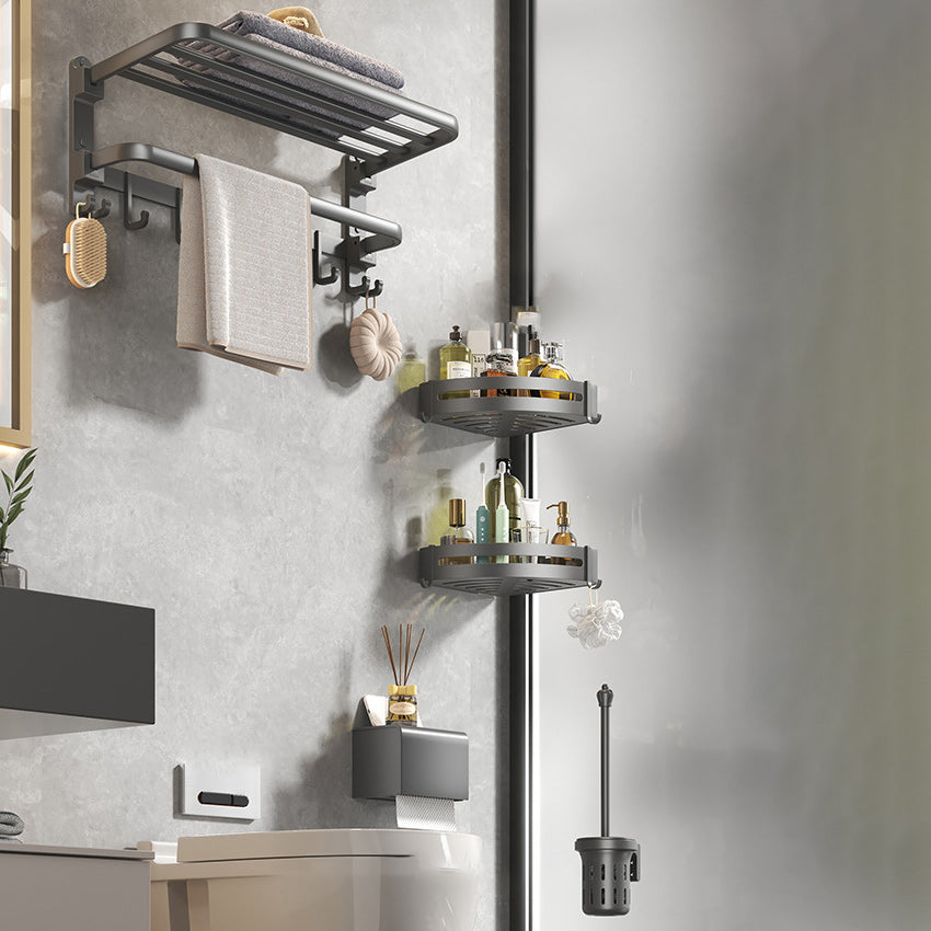 Contemporary Gray Bathroom Hardware Set with Bath Shelf/Towel Bar/Robe Hooks/Paper Holder Foldable 5- Piece (Toilet Brush) Clearhalo 'Bathroom Hardware Sets' 'Bathroom Hardware' 'Bathroom Remodel & Bathroom Fixtures' 'bathroom_hardware_sets' 'Home Improvement' 'home_improvement' 'home_improvement_bathroom_hardware_sets' 6876647