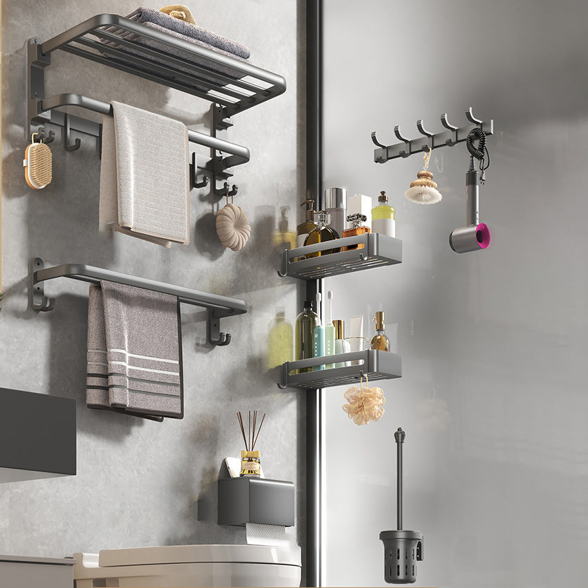 Contemporary Gray Bathroom Hardware Set with Bath Shelf/Towel Bar/Robe Hooks/Paper Holder Foldable 7-Piece (Square Bathroom Shelf) Clearhalo 'Bathroom Hardware Sets' 'Bathroom Hardware' 'Bathroom Remodel & Bathroom Fixtures' 'bathroom_hardware_sets' 'Home Improvement' 'home_improvement' 'home_improvement_bathroom_hardware_sets' 6876649