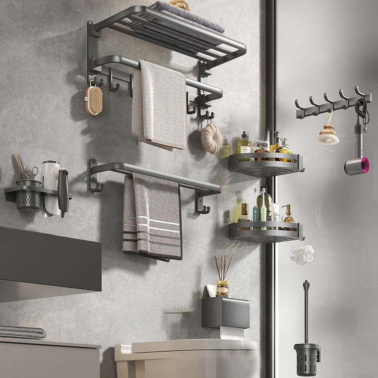 Contemporary Gray Bathroom Hardware Set with Bath Shelf/Towel Bar/Robe Hooks/Paper Holder Foldable 8-Piece Set Clearhalo 'Bathroom Hardware Sets' 'Bathroom Hardware' 'Bathroom Remodel & Bathroom Fixtures' 'bathroom_hardware_sets' 'Home Improvement' 'home_improvement' 'home_improvement_bathroom_hardware_sets' 6876650