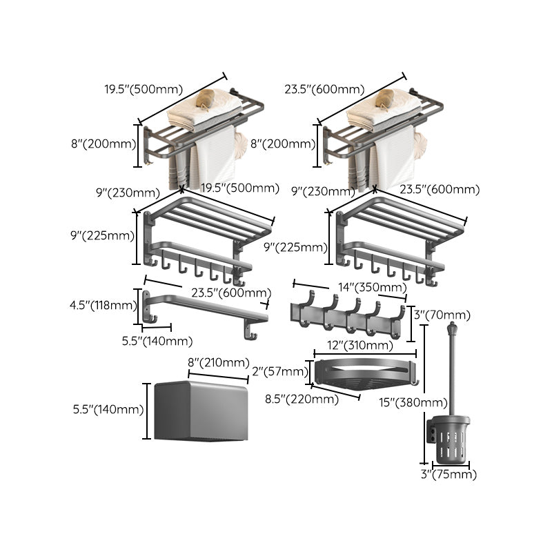 Contemporary Gray Bathroom Hardware Set with Bath Shelf/Towel Bar/Robe Hooks/Paper Holder Clearhalo 'Bathroom Hardware Sets' 'Bathroom Hardware' 'Bathroom Remodel & Bathroom Fixtures' 'bathroom_hardware_sets' 'Home Improvement' 'home_improvement' 'home_improvement_bathroom_hardware_sets' 6876651