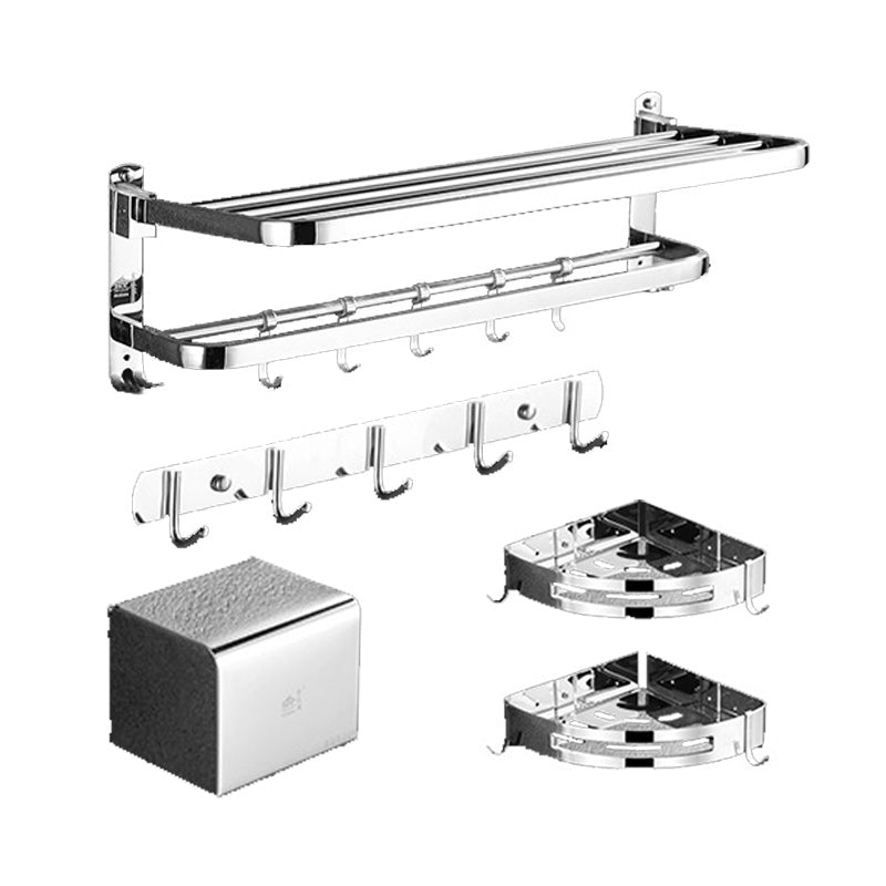 Polished Chrome Bath Hardware Set in Stainless Steel with Bath Shelf/Robe Hooks/Towel Bar 5-Piece Set (Row Hook) Clearhalo 'Bathroom Hardware Sets' 'Bathroom Hardware' 'Bathroom Remodel & Bathroom Fixtures' 'bathroom_hardware_sets' 'Home Improvement' 'home_improvement' 'home_improvement_bathroom_hardware_sets' 6876659