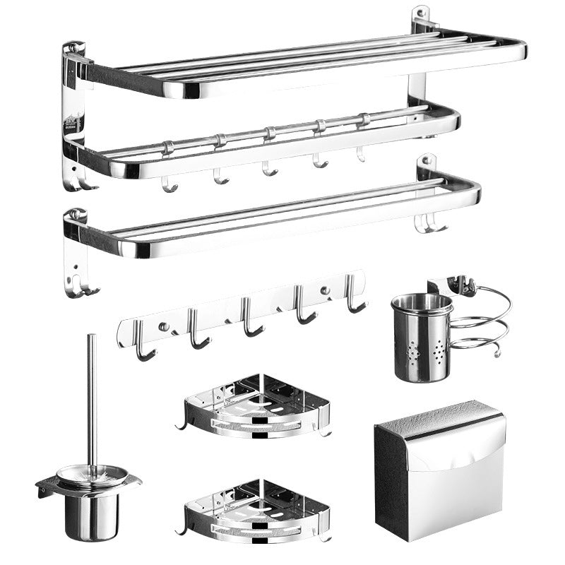 Polished Chrome Bath Hardware Set in Stainless Steel with Bath Shelf/Robe Hooks/Towel Bar Clearhalo 'Bathroom Hardware Sets' 'Bathroom Hardware' 'Bathroom Remodel & Bathroom Fixtures' 'bathroom_hardware_sets' 'Home Improvement' 'home_improvement' 'home_improvement_bathroom_hardware_sets' 6876661