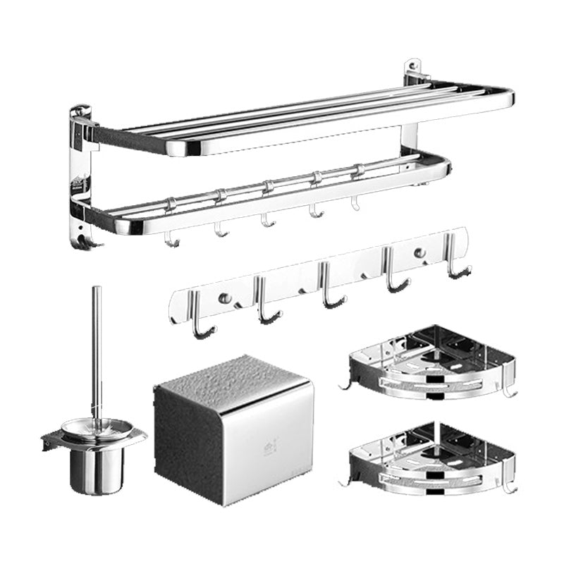 Polished Chrome Bath Hardware Set in Stainless Steel with Bath Shelf/Robe Hooks/Towel Bar 6-Piece Set (Row Hook) Clearhalo 'Bathroom Hardware Sets' 'Bathroom Hardware' 'Bathroom Remodel & Bathroom Fixtures' 'bathroom_hardware_sets' 'Home Improvement' 'home_improvement' 'home_improvement_bathroom_hardware_sets' 6876662