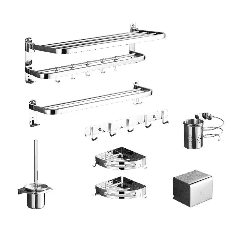 Polished Chrome Bath Hardware Set in Stainless Steel with Bath Shelf/Robe Hooks/Towel Bar 8-Piece Set Clearhalo 'Bathroom Hardware Sets' 'Bathroom Hardware' 'Bathroom Remodel & Bathroom Fixtures' 'bathroom_hardware_sets' 'Home Improvement' 'home_improvement' 'home_improvement_bathroom_hardware_sets' 6876666