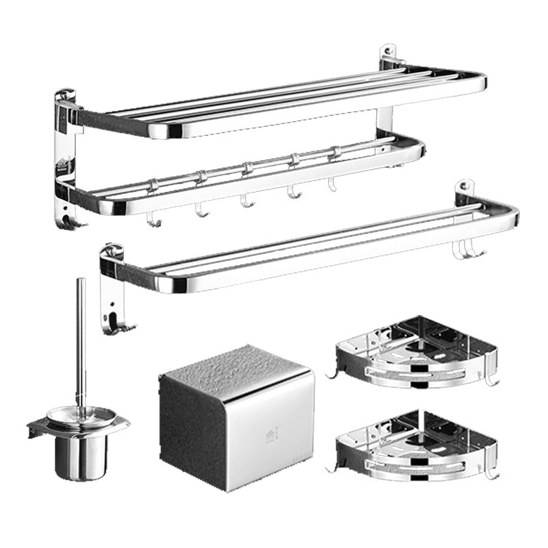 Polished Chrome Bath Hardware Set in Stainless Steel with Bath Shelf/Robe Hooks/Towel Bar 6-Piece Set (Towel Bar) Clearhalo 'Bathroom Hardware Sets' 'Bathroom Hardware' 'Bathroom Remodel & Bathroom Fixtures' 'bathroom_hardware_sets' 'Home Improvement' 'home_improvement' 'home_improvement_bathroom_hardware_sets' 6876668