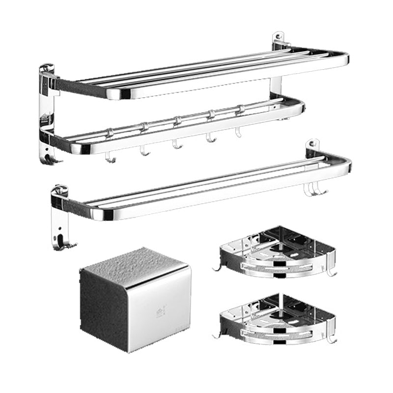 Polished Chrome Bath Hardware Set in Stainless Steel with Bath Shelf/Robe Hooks/Towel Bar 5-Piece Set (Towel Bar) Clearhalo 'Bathroom Hardware Sets' 'Bathroom Hardware' 'Bathroom Remodel & Bathroom Fixtures' 'bathroom_hardware_sets' 'Home Improvement' 'home_improvement' 'home_improvement_bathroom_hardware_sets' 6876672