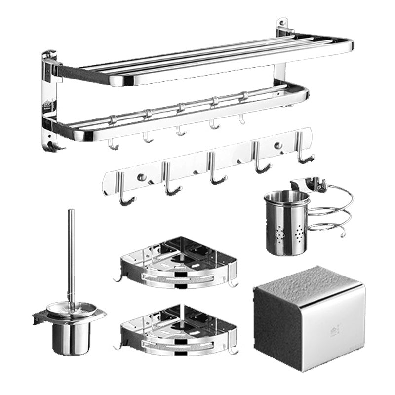 Polished Chrome Bath Hardware Set in Stainless Steel with Bath Shelf/Robe Hooks/Towel Bar 7-Piece Set (Hook) Clearhalo 'Bathroom Hardware Sets' 'Bathroom Hardware' 'Bathroom Remodel & Bathroom Fixtures' 'bathroom_hardware_sets' 'Home Improvement' 'home_improvement' 'home_improvement_bathroom_hardware_sets' 6876676