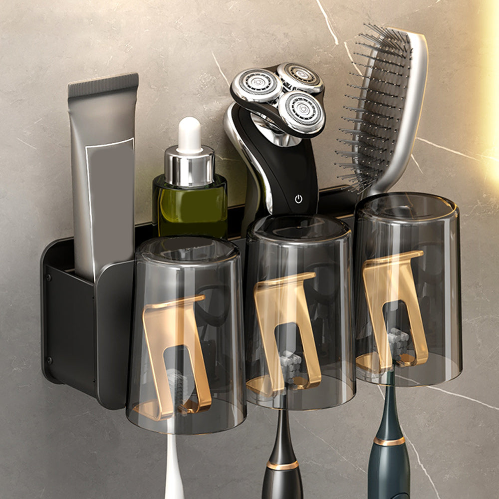 Black and Brass Bathroom Accessory Set Contemporary Bath Set with Bath Shelf/Towel Bar Toothbrush Holder Clearhalo 'Bathroom Hardware Sets' 'Bathroom Hardware' 'Bathroom Remodel & Bathroom Fixtures' 'bathroom_hardware_sets' 'Home Improvement' 'home_improvement' 'home_improvement_bathroom_hardware_sets' 6876680