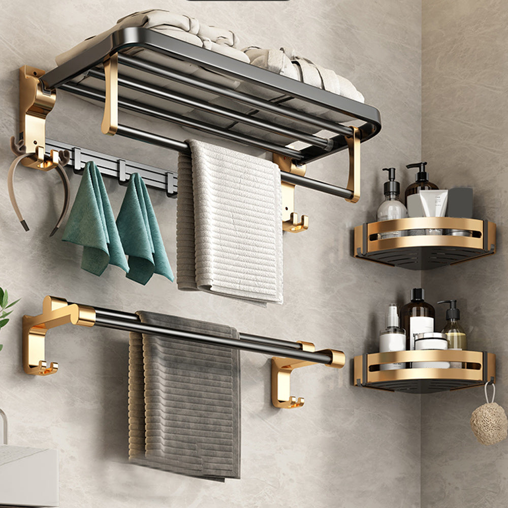 Black and Brass Bathroom Accessory Set Contemporary Bath Set with Bath Shelf/Towel Bar 4-Piece Set (Towel Bar) Clearhalo 'Bathroom Hardware Sets' 'Bathroom Hardware' 'Bathroom Remodel & Bathroom Fixtures' 'bathroom_hardware_sets' 'Home Improvement' 'home_improvement' 'home_improvement_bathroom_hardware_sets' 6876681