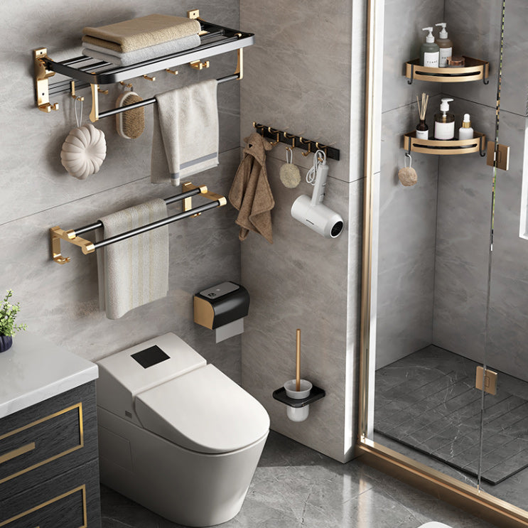 Black and Brass Bathroom Accessory Set Contemporary Bath Set with Bath Shelf/Towel Bar Clearhalo 'Bathroom Hardware Sets' 'Bathroom Hardware' 'Bathroom Remodel & Bathroom Fixtures' 'bathroom_hardware_sets' 'Home Improvement' 'home_improvement' 'home_improvement_bathroom_hardware_sets' 6876685