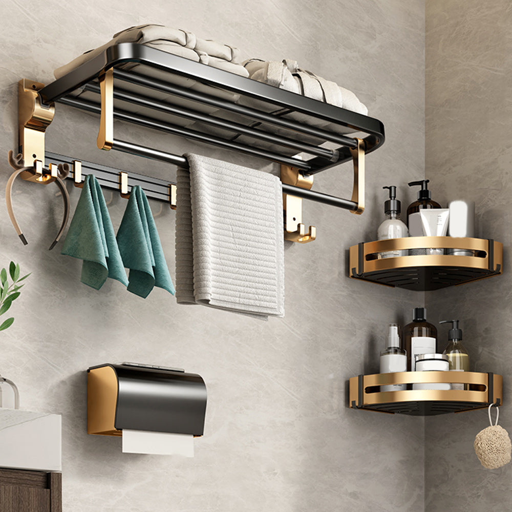 Black and Brass Bathroom Accessory Set Contemporary Bath Set with Bath Shelf/Towel Bar 4-Piece Set (Toilet Paper Holder) Clearhalo 'Bathroom Hardware Sets' 'Bathroom Hardware' 'Bathroom Remodel & Bathroom Fixtures' 'bathroom_hardware_sets' 'Home Improvement' 'home_improvement' 'home_improvement_bathroom_hardware_sets' 6876691