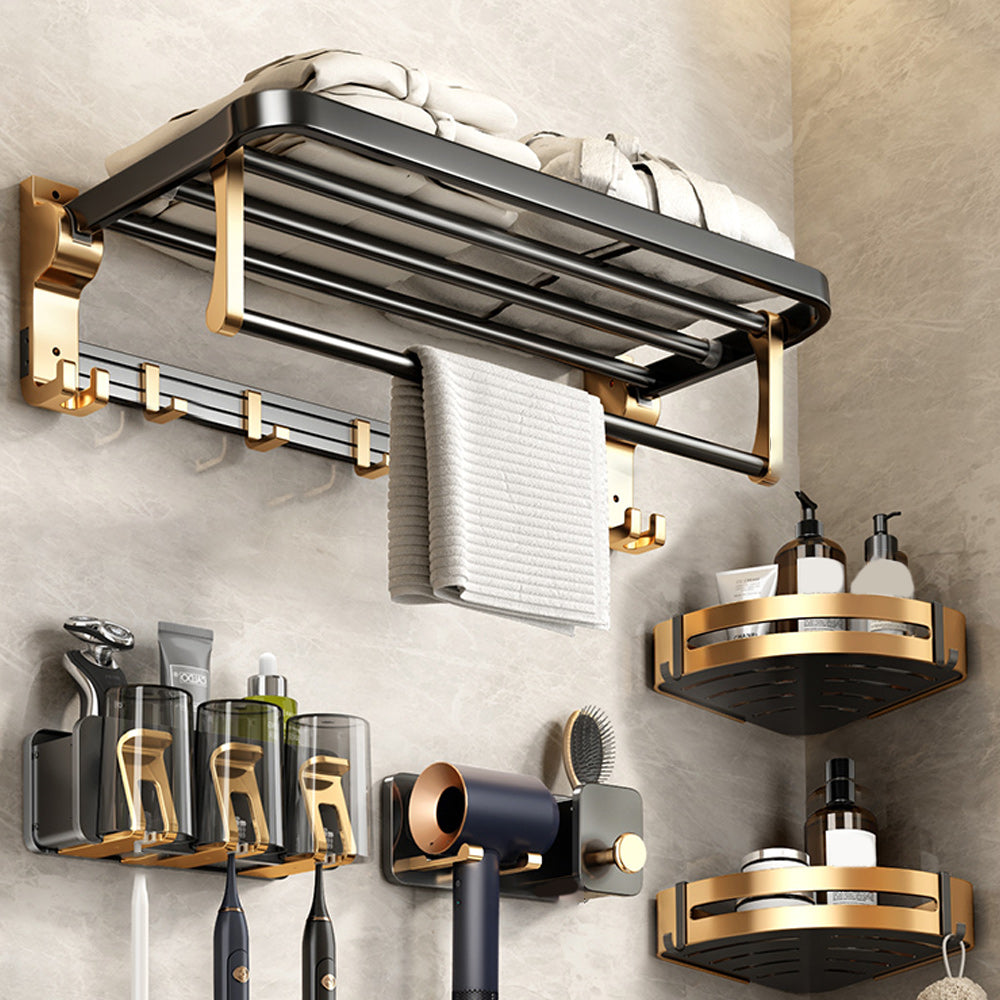 Black and Brass Bathroom Accessory Set Contemporary Bath Set with Bath Shelf/Towel Bar 5-Piece Set (Triangle Bath Shelf) Clearhalo 'Bathroom Hardware Sets' 'Bathroom Hardware' 'Bathroom Remodel & Bathroom Fixtures' 'bathroom_hardware_sets' 'Home Improvement' 'home_improvement' 'home_improvement_bathroom_hardware_sets' 6876693