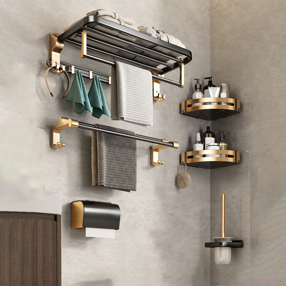 Black and Brass Bathroom Accessory Set Contemporary Bath Set with Bath Shelf/Towel Bar 6-Piece Set Clearhalo 'Bathroom Hardware Sets' 'Bathroom Hardware' 'Bathroom Remodel & Bathroom Fixtures' 'bathroom_hardware_sets' 'Home Improvement' 'home_improvement' 'home_improvement_bathroom_hardware_sets' 6876696